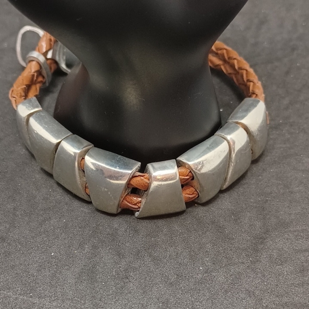 Unisex Silver and Brown Geometric Bracelet with Leather Accents